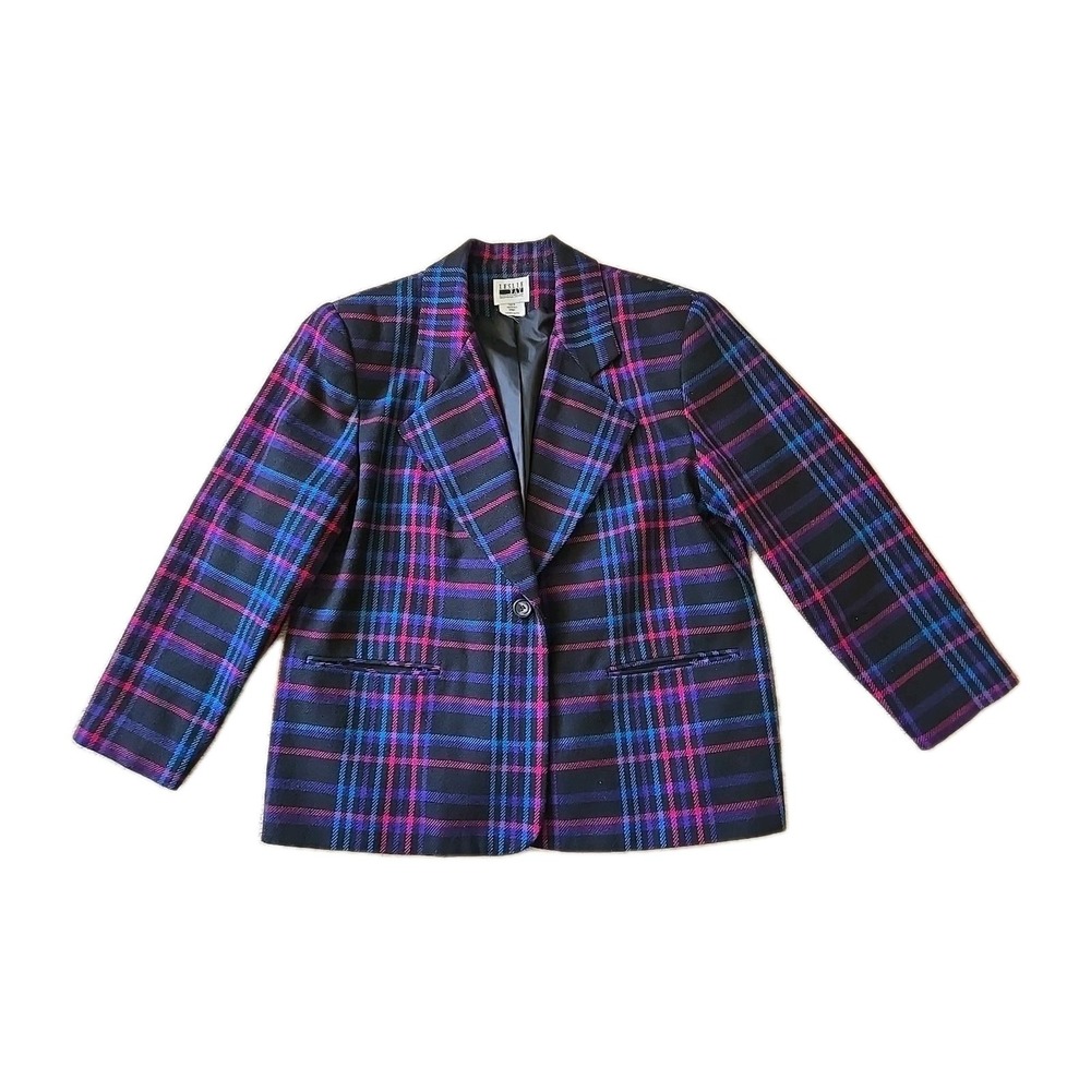 Leslie Fay Sportswear Vintage Purple Pink BluePlaid Blazer Sz 16P Classic Preppy